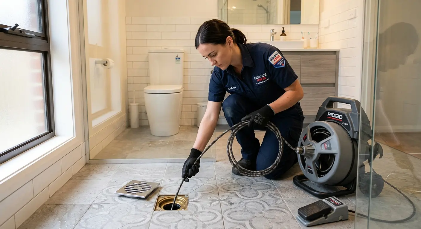 Technician clearing a bathroom floor drain for Drain Cleaning in Warren